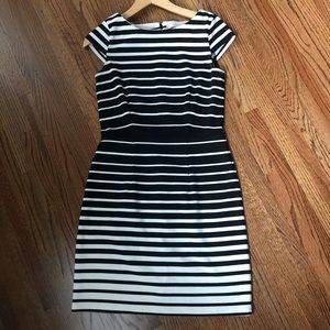 LOFT Ivory & Black Striped Cap Sleeve Sheath Dress